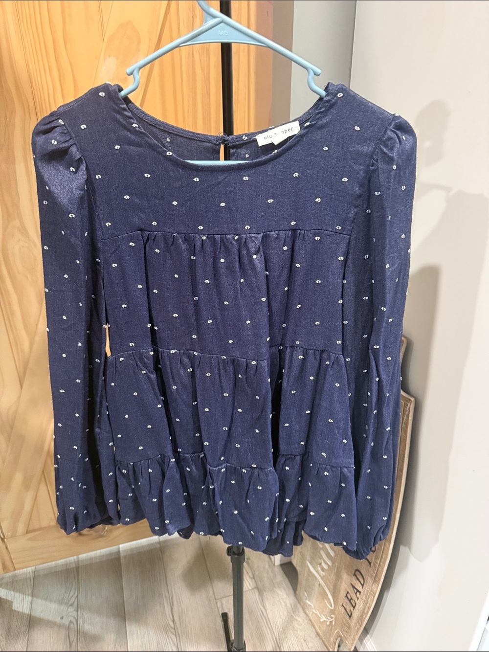 Blu Pepper Navy and White Dot Tiered Long-Sleeve Blouse